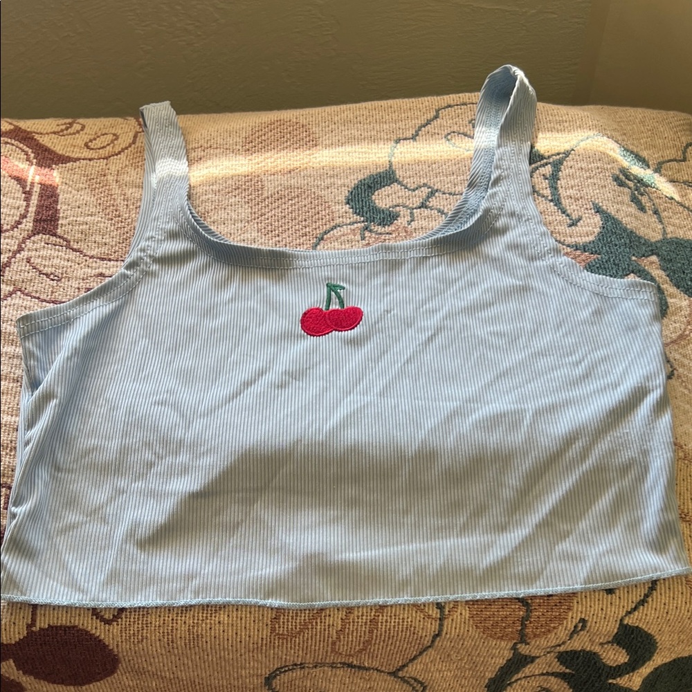 #1023+ Blue Striped Crop Top with Cherry Embroidery - Picture 1 of 7